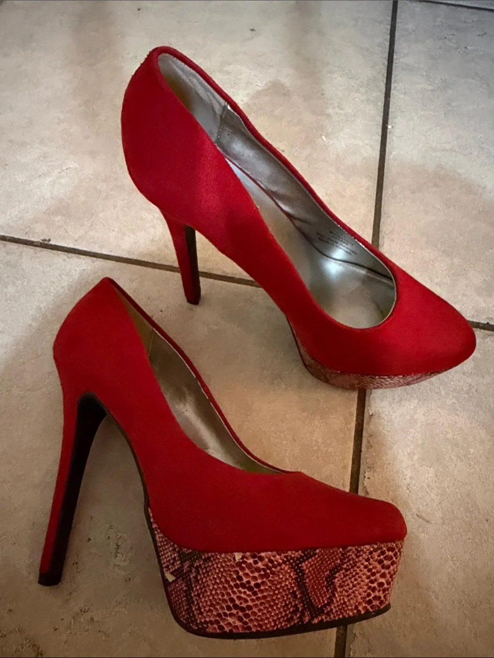 Limelight Red Suede Platform Pumps with Snakeskin Trim